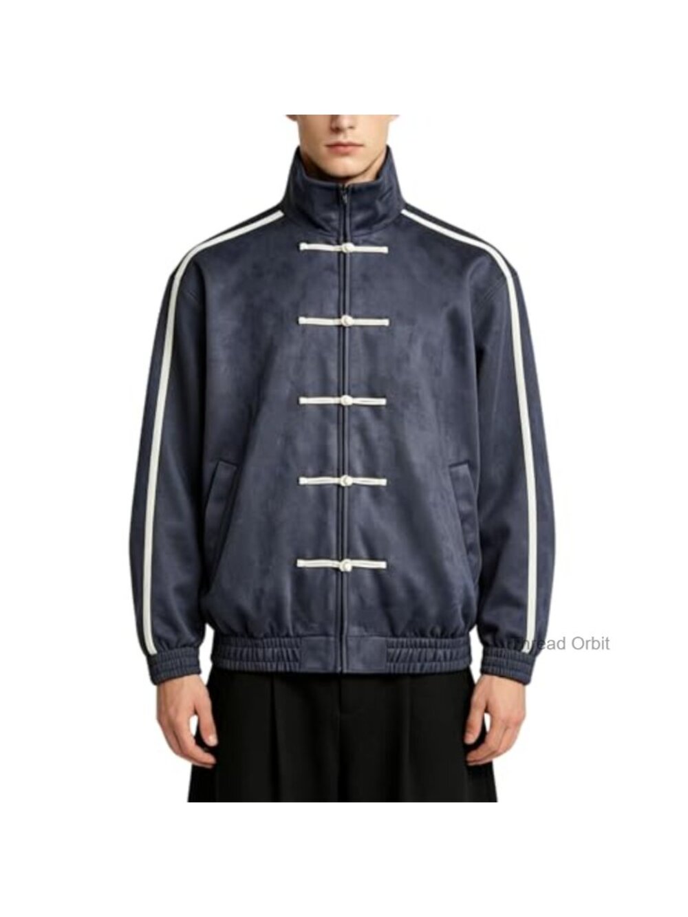 Faux Suede Jacket Stand Collar Zip Up Oversized Striped Cuff Women Men